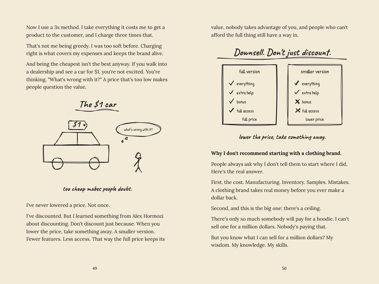Two pages from chapter 9 with sketches titled The $1 car and Downsell, don't just discount.